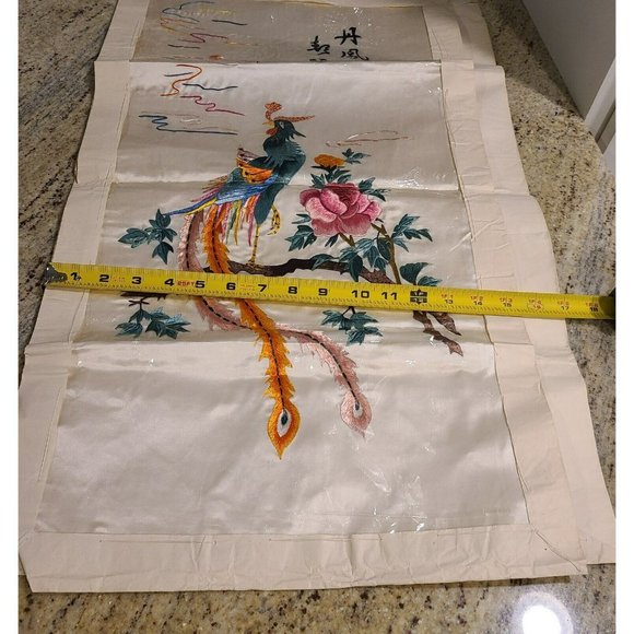 Vintage Silk Embroidered Asian Bird Duck Peacock Art Picture. Set of 2 - Picture 10 of 12